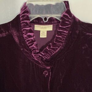 Appleseed's Rich Eggplant Velvet Button-Up Blouse with Ruffles, size PM